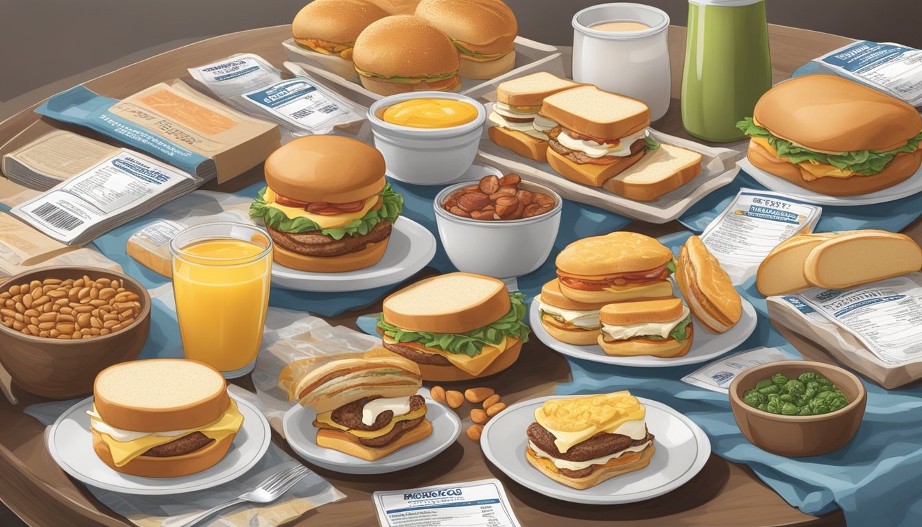 A table with a variety of Costco breakfast sandwiches, surrounded by nutrition labels and ingredients