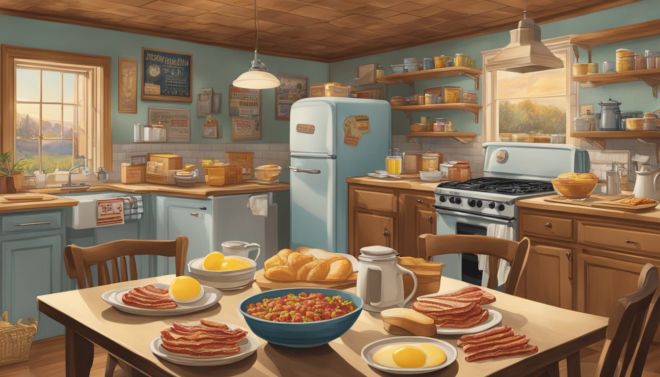 A bustling kitchen with sizzling bacon, crackling eggs, and toasting bread, surrounded by vintage Jimmy Dean packaging and memorabilia