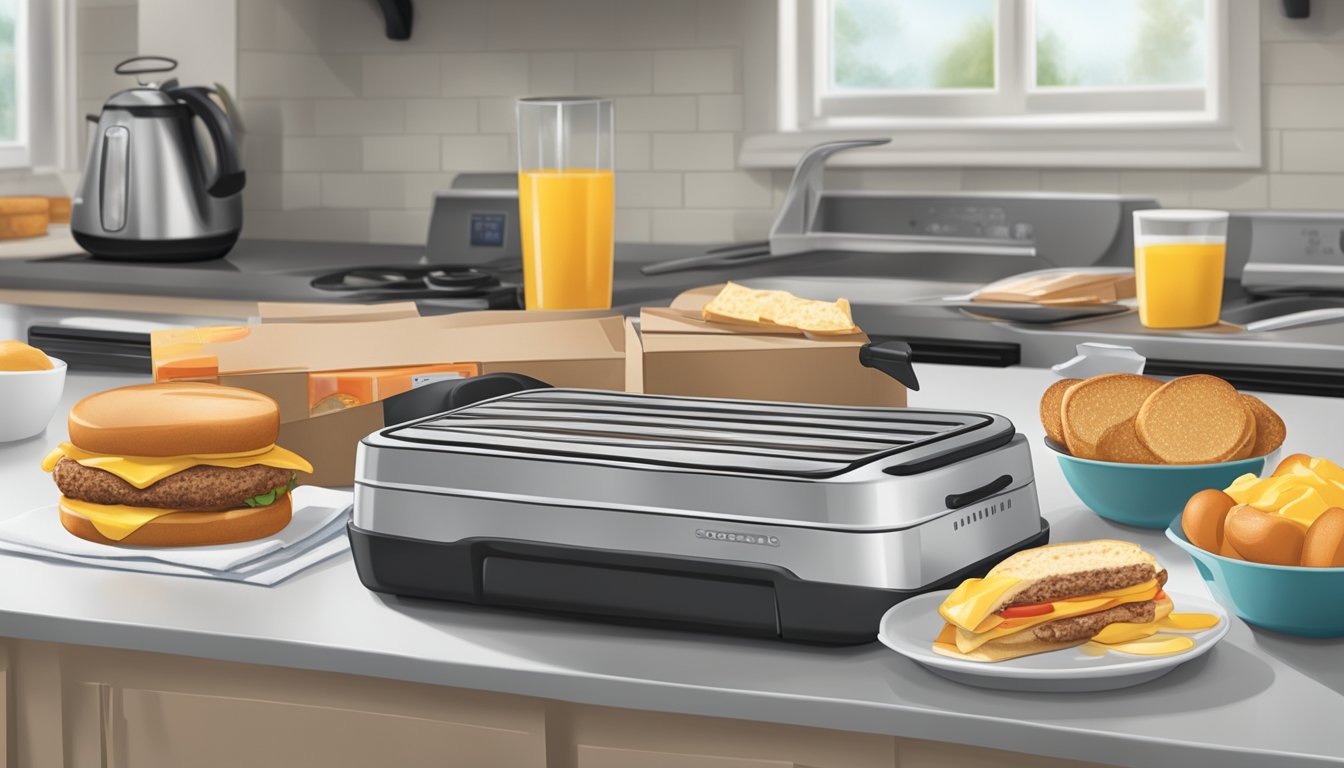 A kitchen counter with a toaster, frying pan, spatula, and a package of Costco breakfast sandwiches