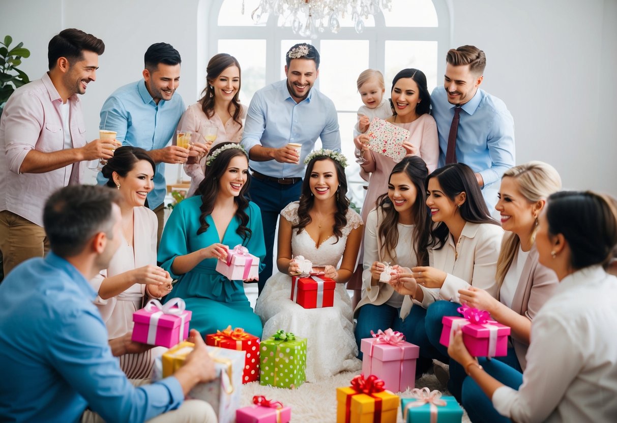 A group of friends and family gather to celebrate the bride with gifts and games at a bridal shower