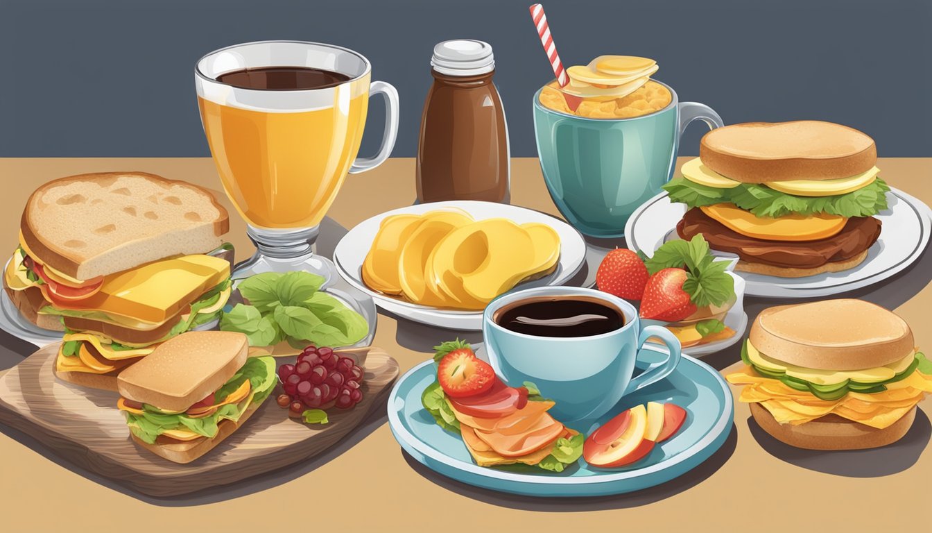 A table set with a variety of breakfast sandwiches, surrounded by a selection of condiments, fruits, and a cup of coffee