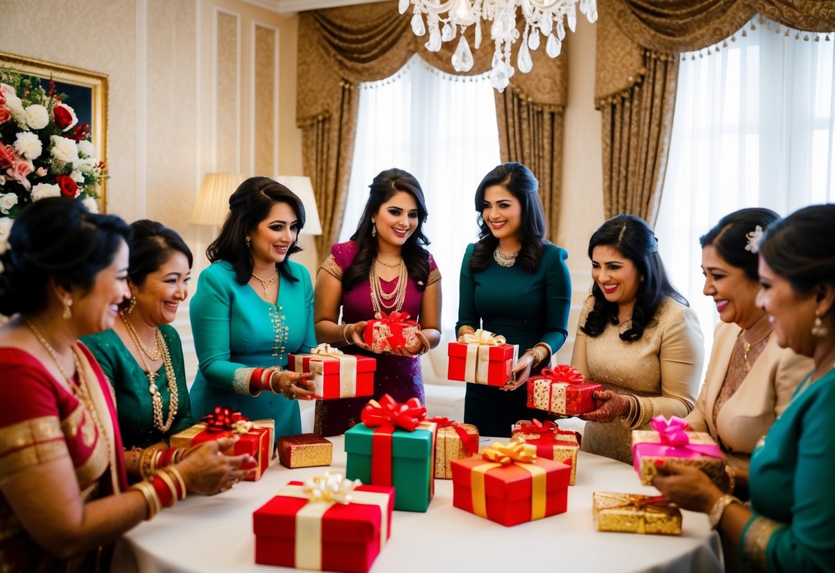A group of women gather in a decorated room, presenting gifts and playing games to celebrate the upcoming wedding