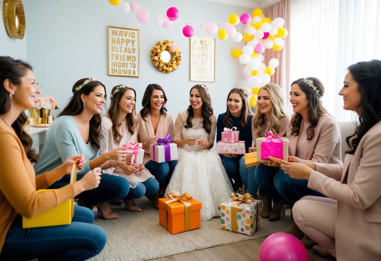 A group of friends gather to celebrate the bride with gifts and games at a beautifully decorated bridal shower