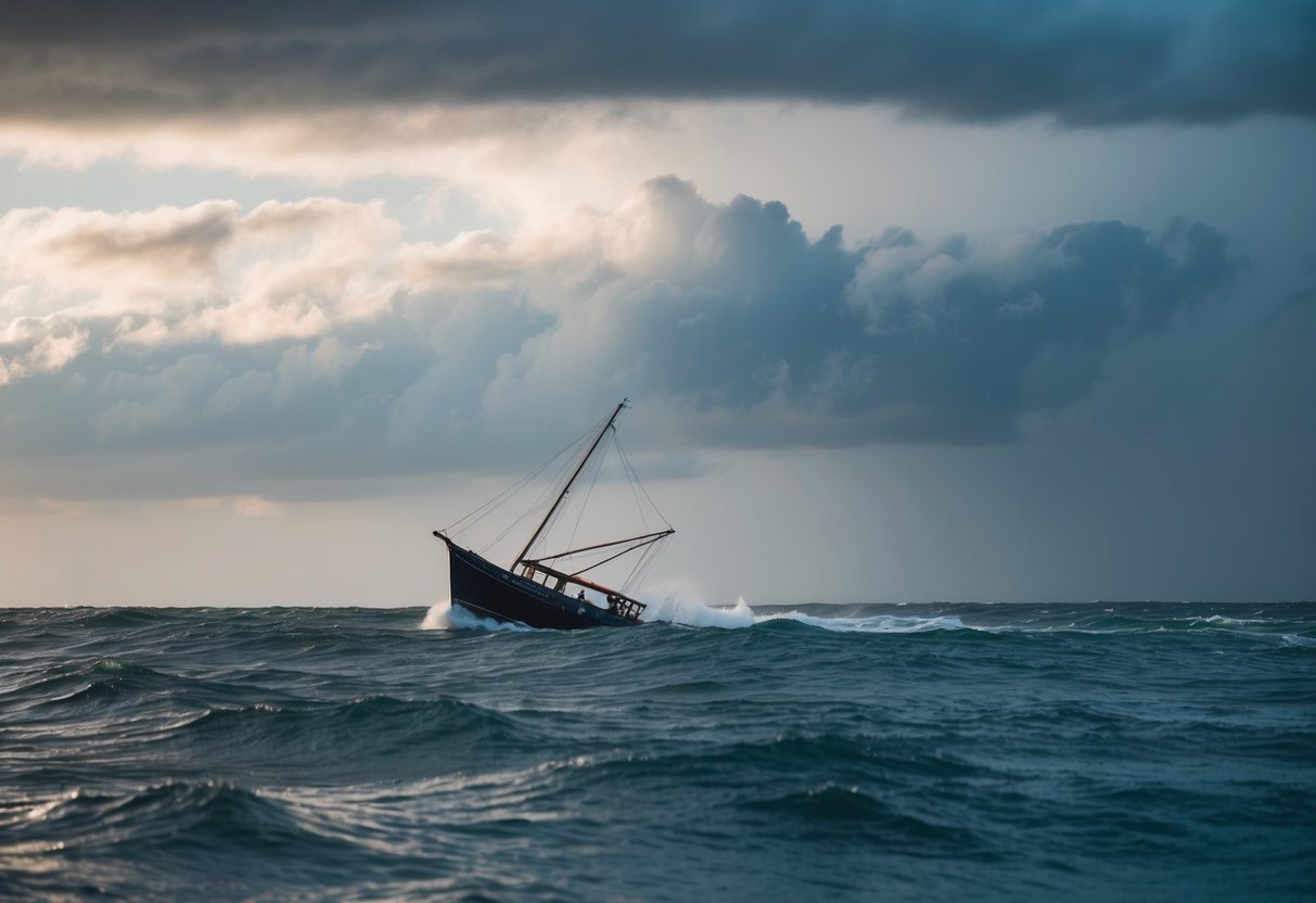 A stormy sea with a lone boat struggling against the waves