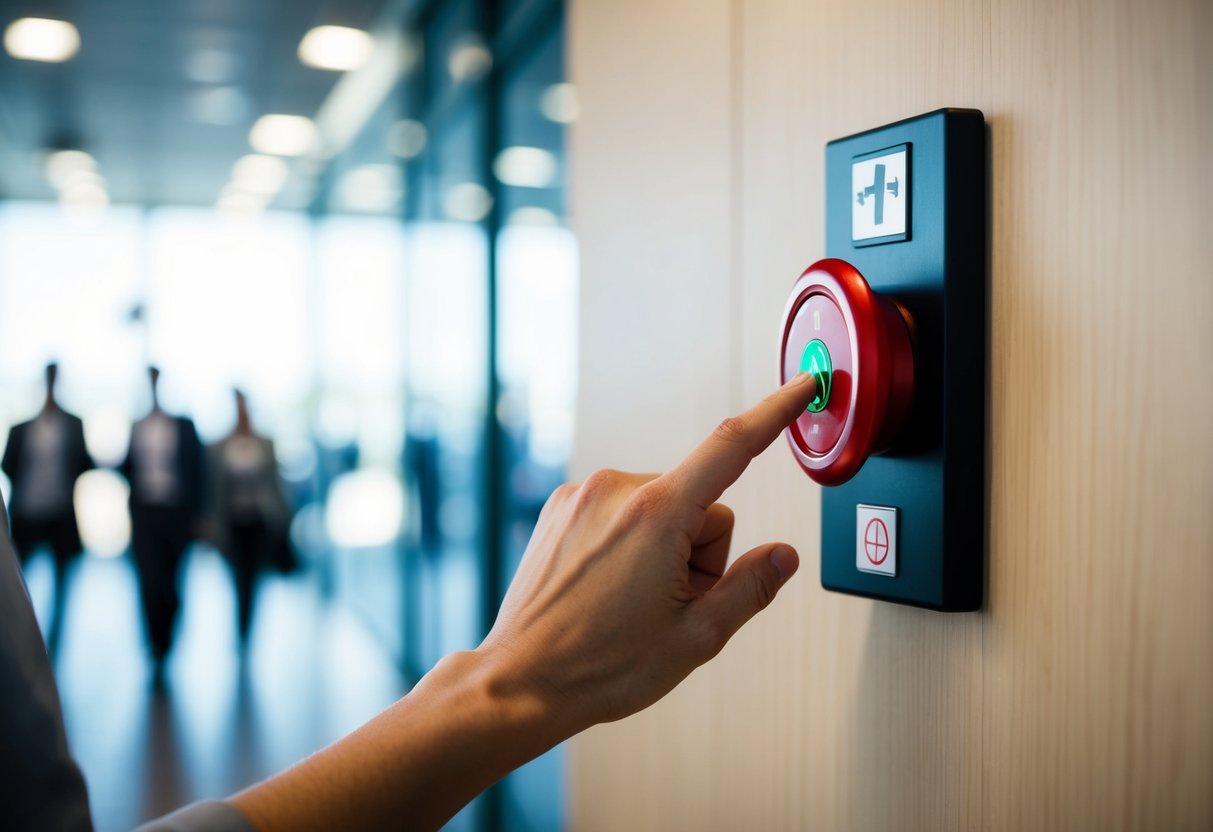 Une personne appuyant sur un bouton d'urgence rouge sur un mur dans un espace public