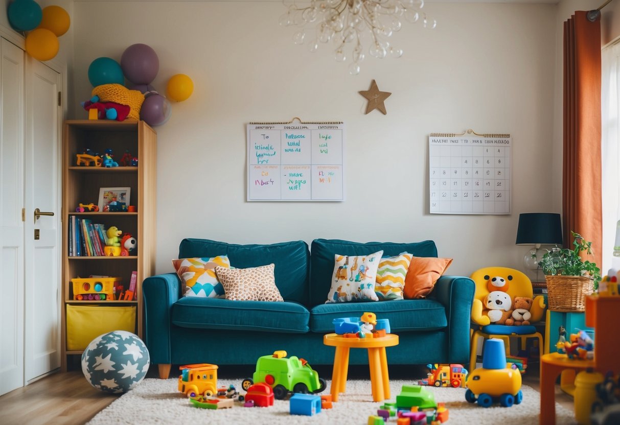 A cozy living room with toys scattered about, a child's drawing on the wall, and a calendar marked with family events