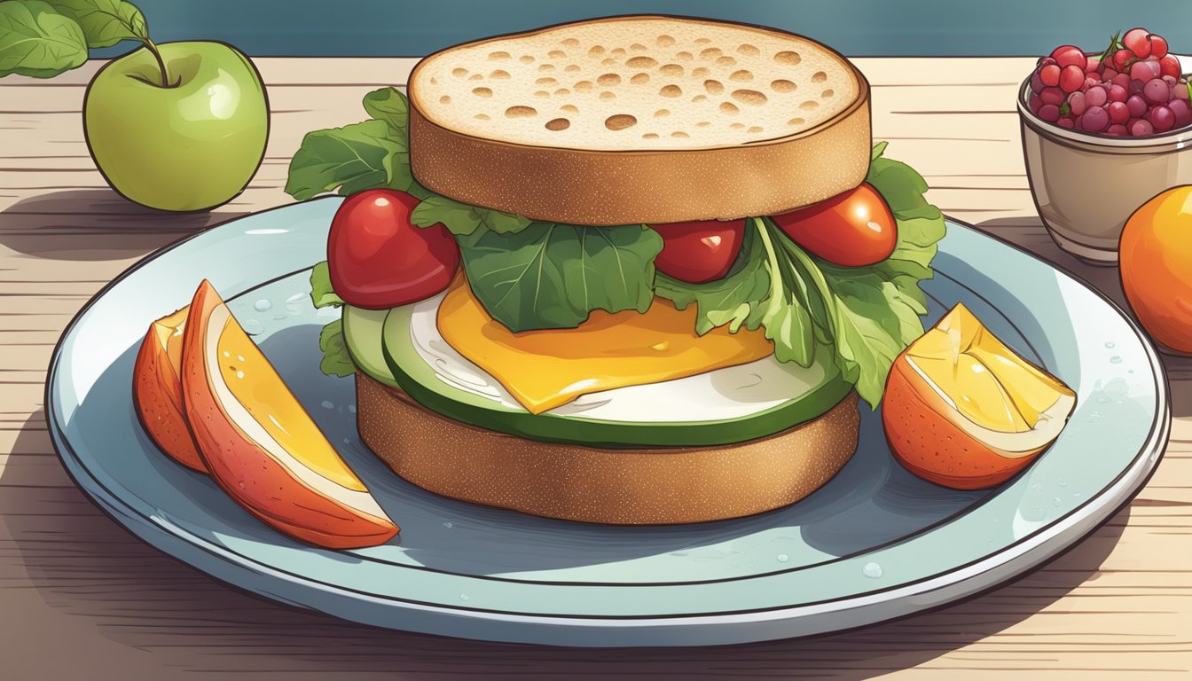 A breakfast sandwich surrounded by fresh fruits and vegetables, with a glass of water on the side