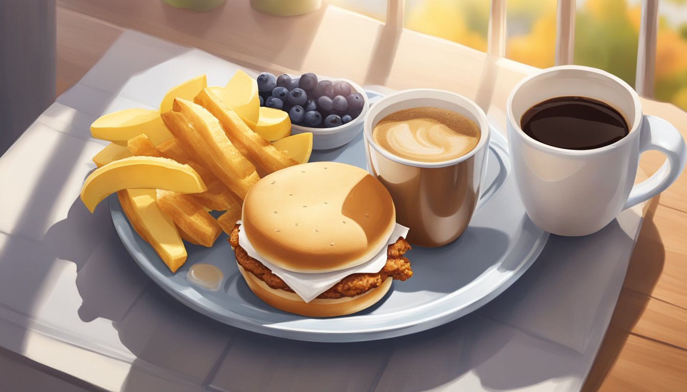 A sunny morning scene with a Chick-fil-A breakfast chicken sandwich on a plate, accompanied by a hot coffee and a side of fruit