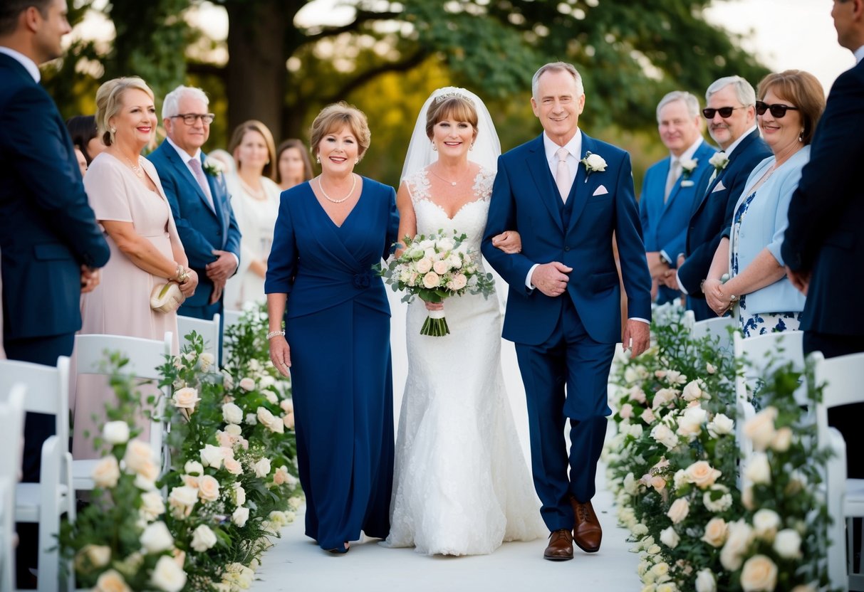 A figure in formal attire escorts the mother of the bride down a flower-lined aisle