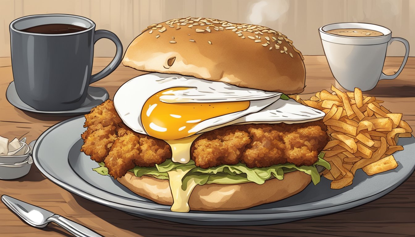 A golden-brown chicken sandwich sits on a toasted bun, topped with a slice of cheese and a perfectly fried egg. A side of crispy hash browns and a steaming cup of coffee complete the breakfast spread