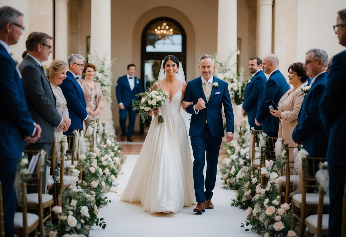 A woman in a flowing gown walks down the aisle, escorted by a male figure, surrounded by flowers and music