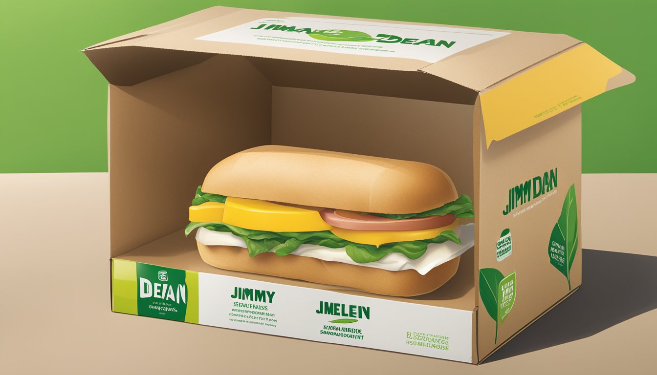 A recyclable cardboard box with a clear plastic window showcases a Jimmy Dean breakfast sandwich. A green leaf logo denotes sustainability