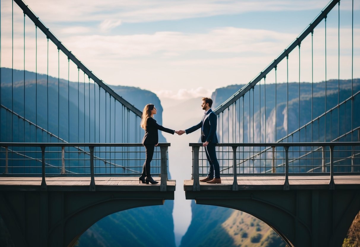A couple standing on opposite sides of a bridge, reaching out to each other across a deep chasm