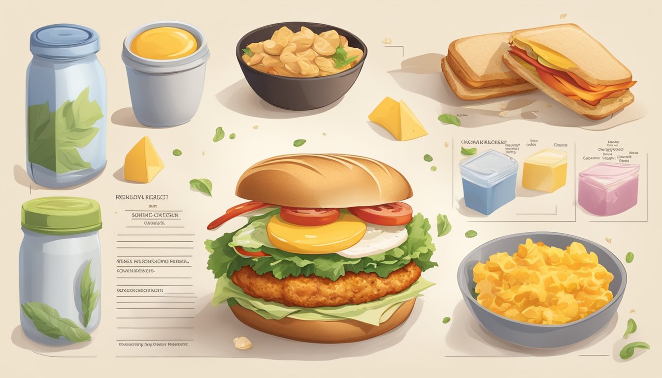 A breakfast chicken sandwich surrounded by ingredients and nutritional information labels