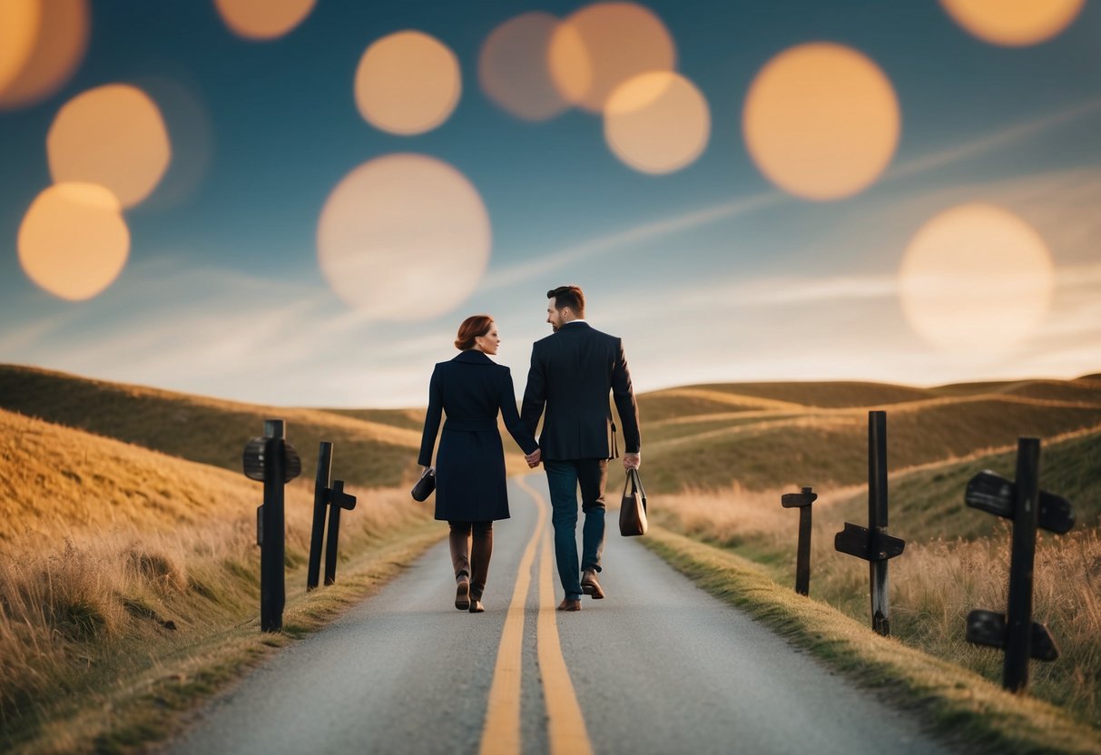 A couple navigating a winding path with obstacles, representing the challenges of marriage