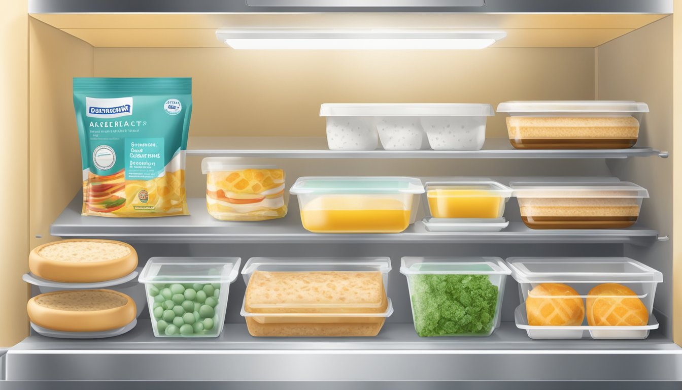 A variety of frozen ingredients for a breakfast sandwich are neatly arranged in the freezer