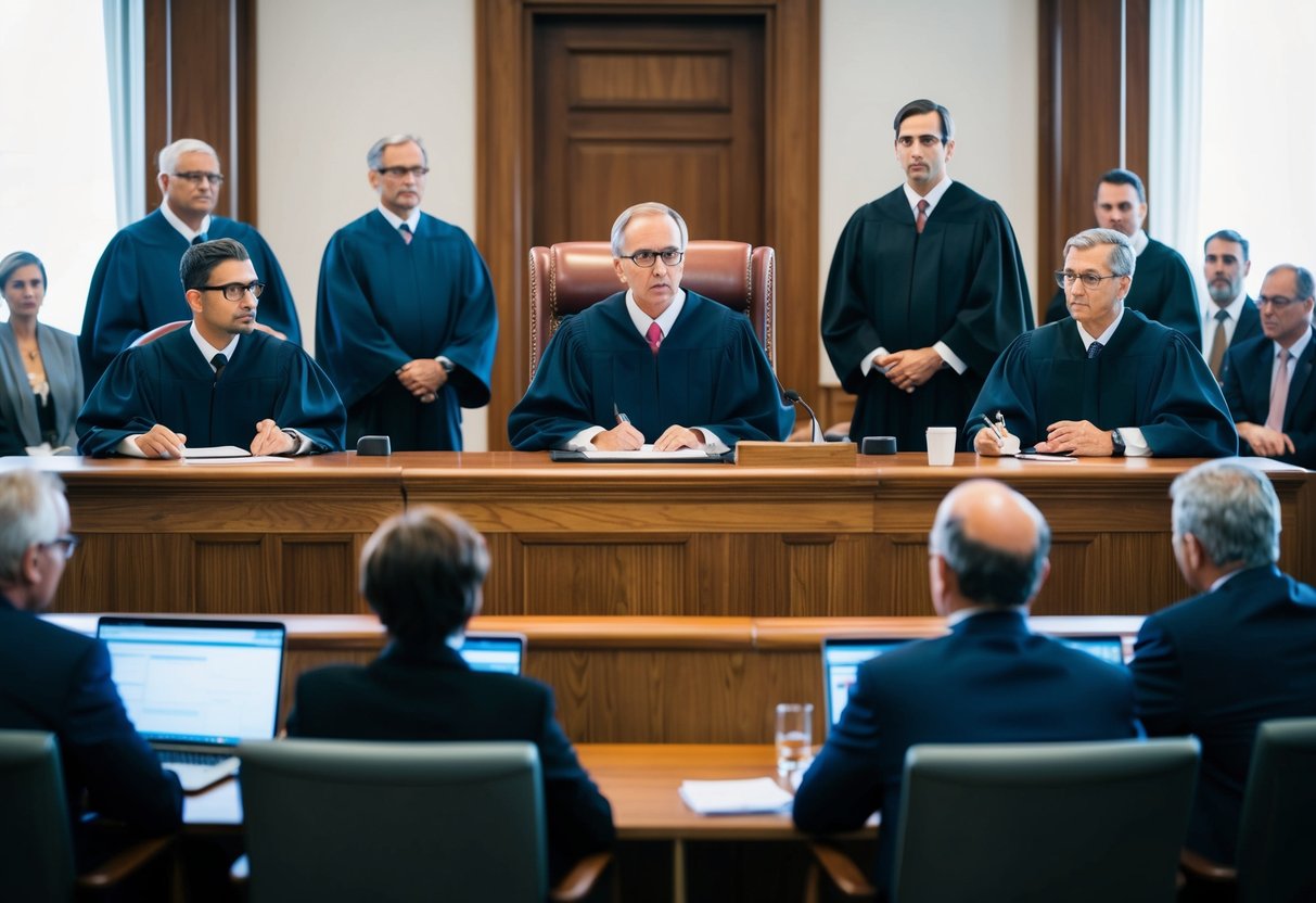 Une scène de tribunal avec un juge présidant un litige entre deux parties concernant une concession de service public. Les avocats présentent des arguments tandis que le public observe.