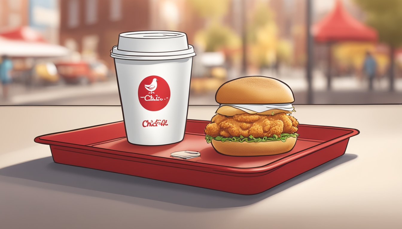 A golden-brown chicken sandwich sits on a red tray next to a steaming cup of coffee, with the Chick-fil-A One logo in the background