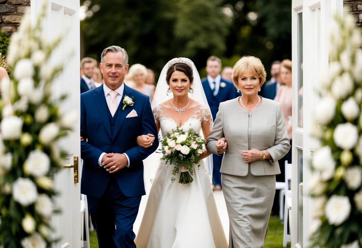 A figure in elegant attire escorts the mother of the bride down the aisle