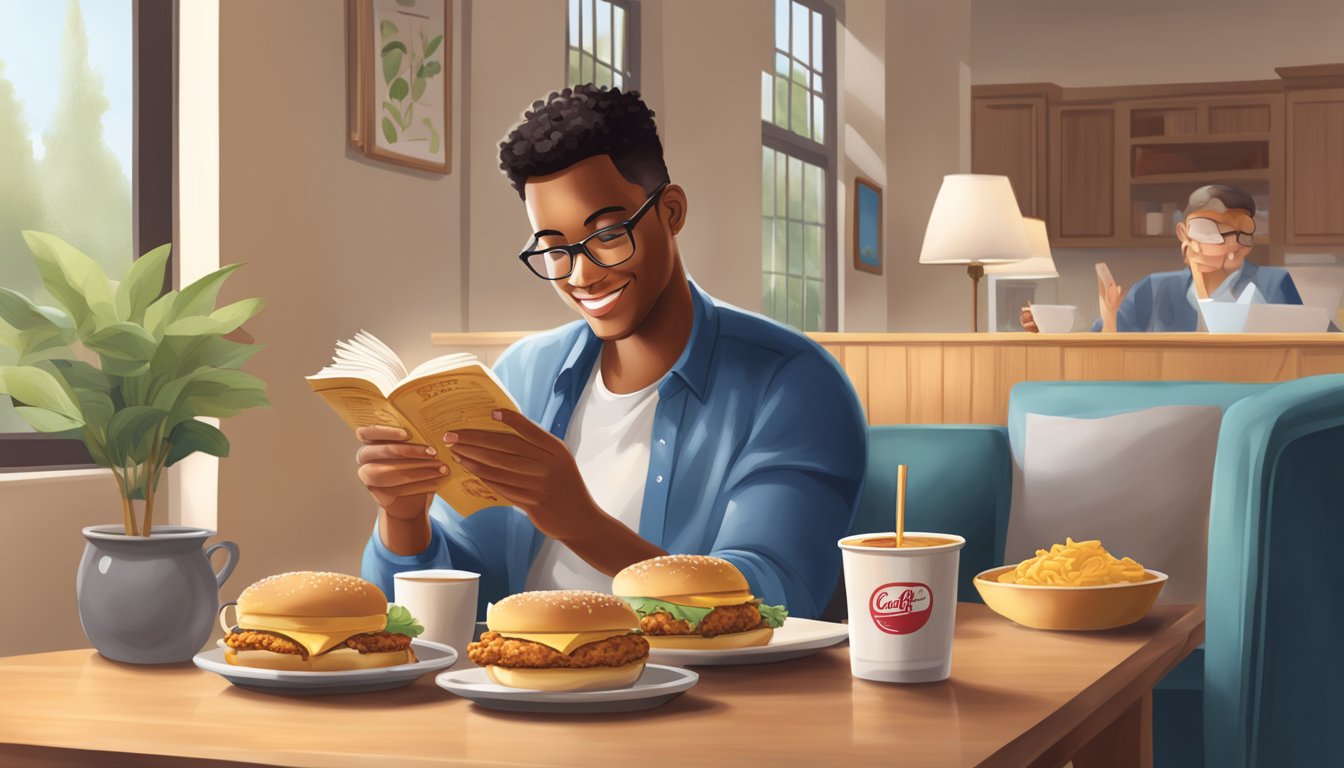 A person enjoying a Chick-fil-A breakfast chicken sandwich while reading legal and privacy policies in a cozy, well-lit dining area