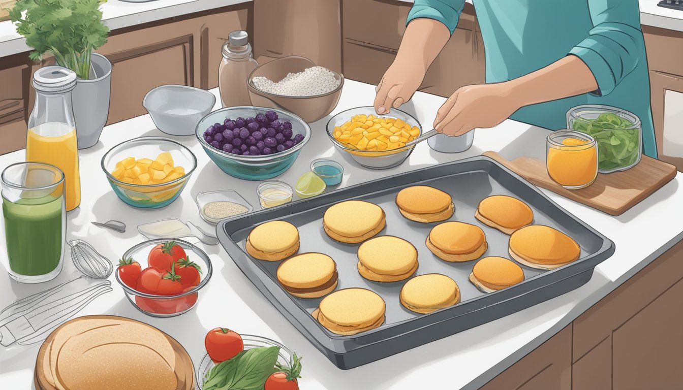 Ingredients laid out on a kitchen counter, a person assembling and baking a freezer breakfast sandwich