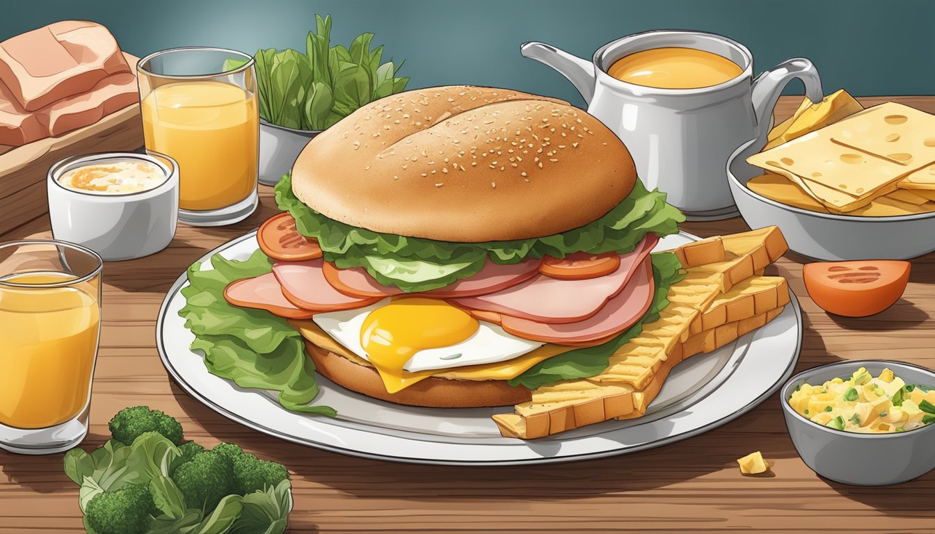 A breakfast sandwich surrounded by a variety of fresh ingredients, such as eggs, cheese, and Canadian bacon, on a plate