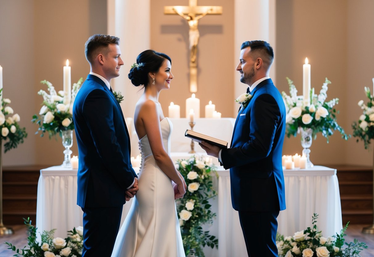 A bride and groom stand at the altar facing each other, surrounded by flowers and candles. The officiant holds a book and speaks solemnly