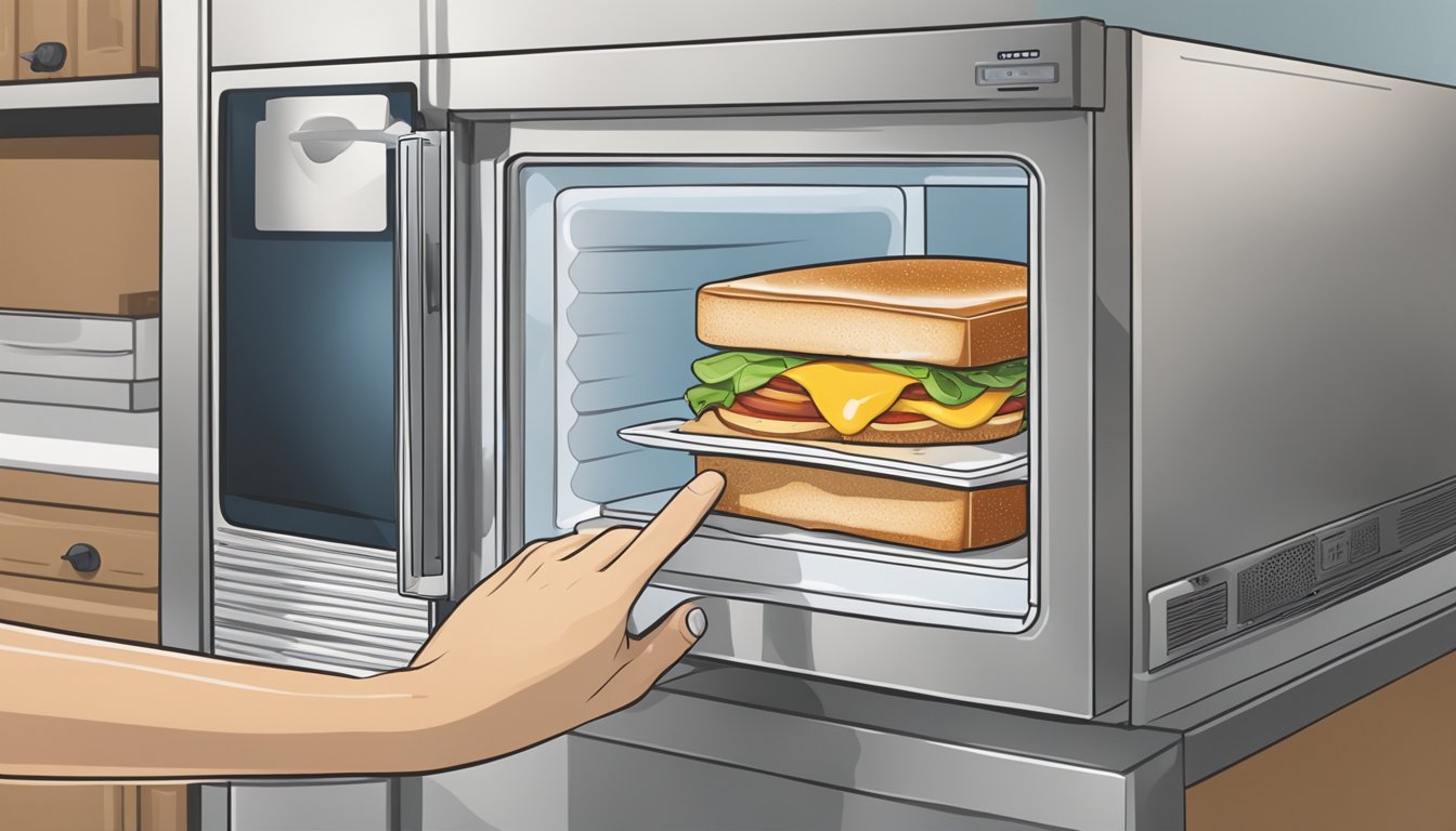 A hand reaching into a freezer, pulling out a packaged breakfast sandwich, and placing it in a microwave