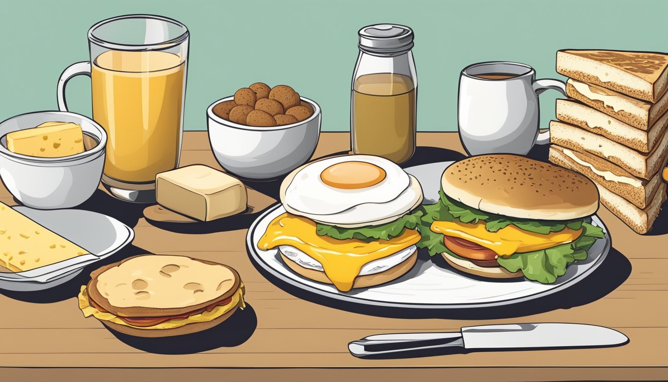 A table with a breakfast sandwich, eggs, cheese, and English muffin. Ingredients labels are scattered around the sandwich