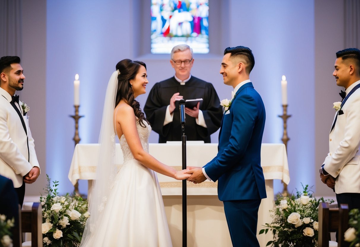 A bride and groom standing at the altar, facing each other, with a minister or officiant standing in front of them