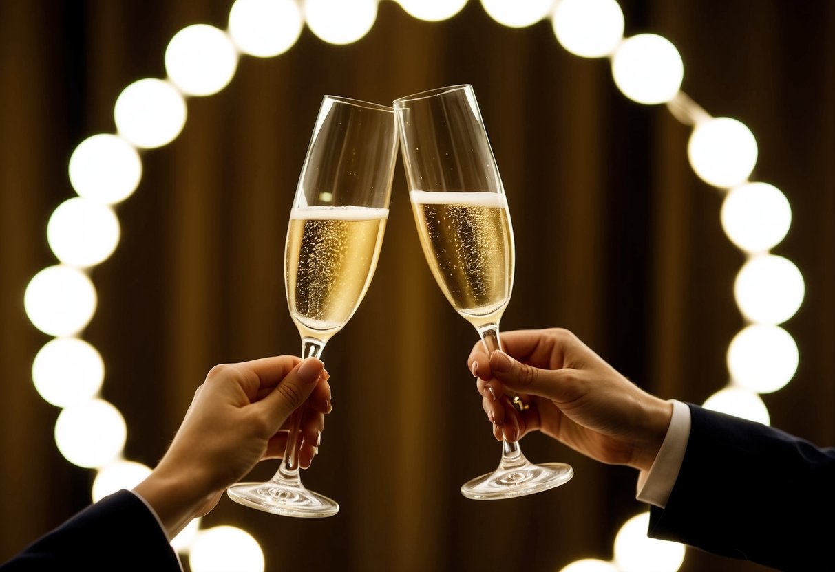 A pair of elegant champagne glasses clink together in a joyful celebration, surrounded by a circle of shimmering fairy lights