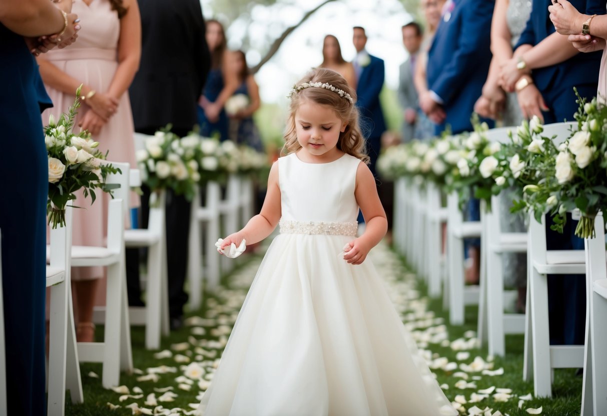 The flower girl goes down the aisle first, scattering petals