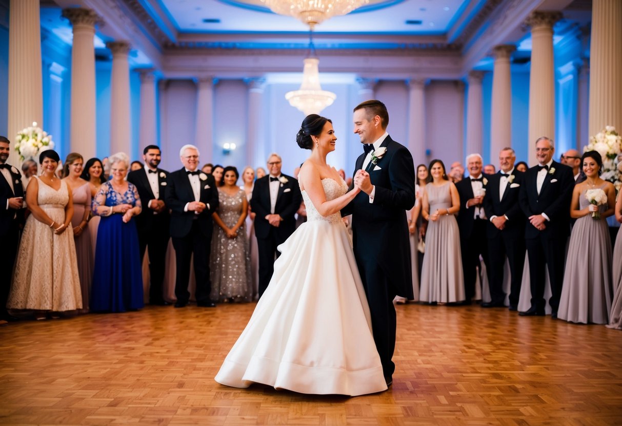 A couple stands at the center of a grand ballroom, surrounded by onlookers. The bride and groom prepare for their first dance as guests eagerly anticipate the traditional opening of the wedding reception