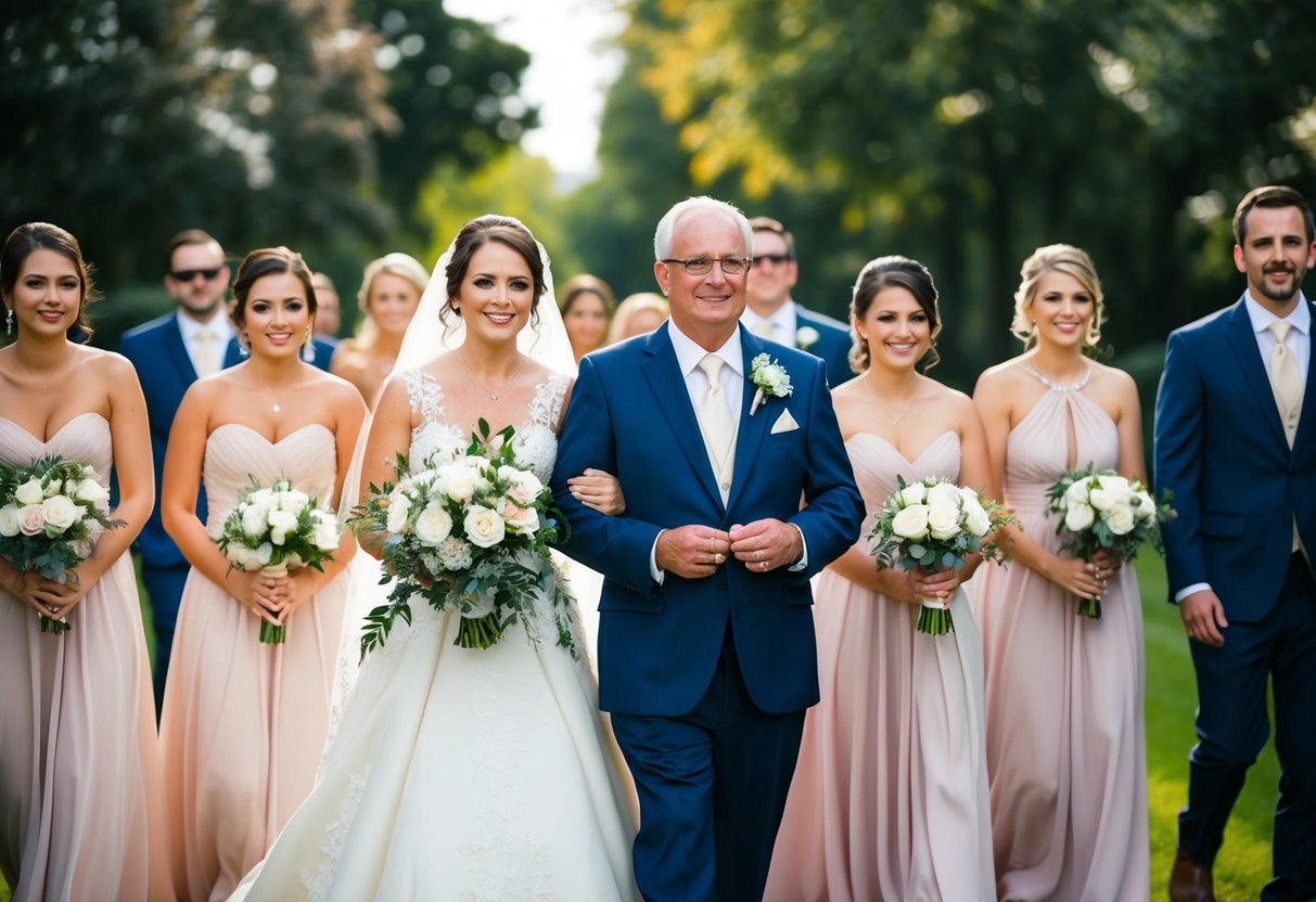The bride's father leads the procession, followed by the bridesmaids and groomsmen, then the bride and her escort