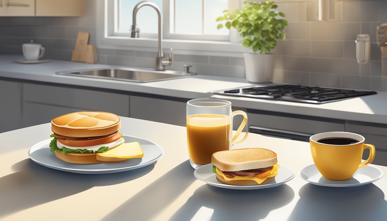 A sunny kitchen counter with a plate holding a Kirkland breakfast sandwich and a steaming cup of coffee