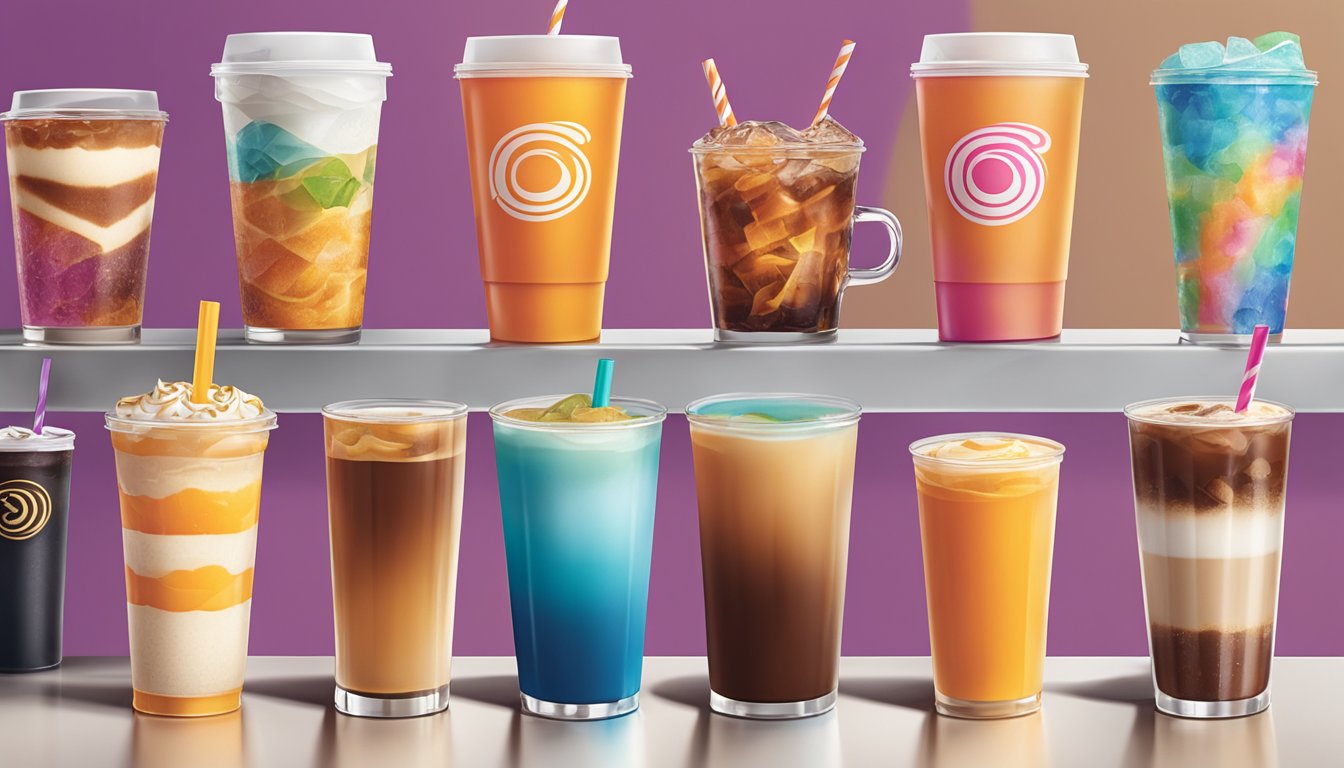 A variety of colorful beverage options displayed on a counter at Dunkin', including coffee, iced drinks, and hot teas