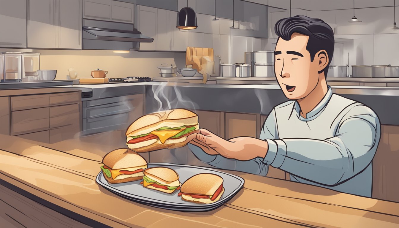 A person unwrapping a Kirkland breakfast sandwich, steam rising from the freshly heated sandwich. A bite taken, with a satisfied expression