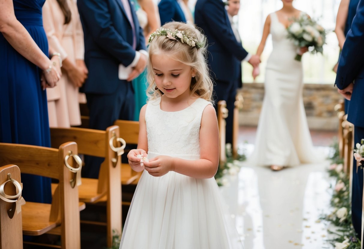 A flower girl sprinkles petals as she walks down the aisle