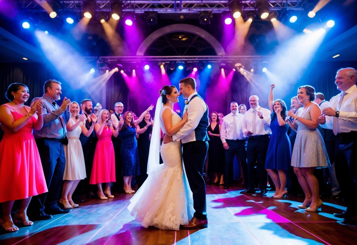 A couple stands in the center of a crowded dance floor, surrounded by cheering guests and colorful lights