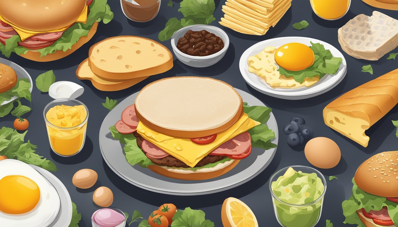 A breakfast sandwich surrounded by a variety of fresh ingredients, including eggs, cheese, and a choice of meat, all served on a toasted bun