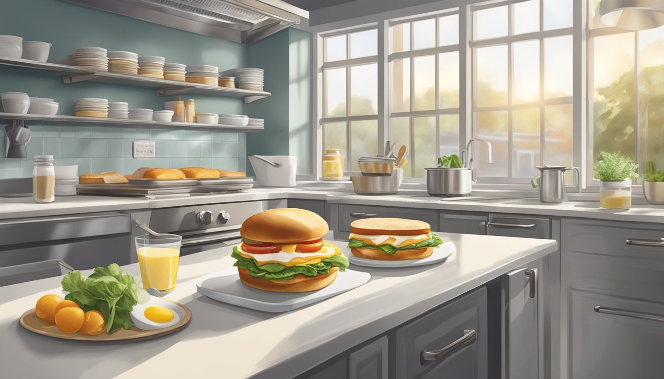 A kirkland breakfast sandwich being carefully prepared in a clean, well-lit kitchen with fresh ingredients and proper food handling practices