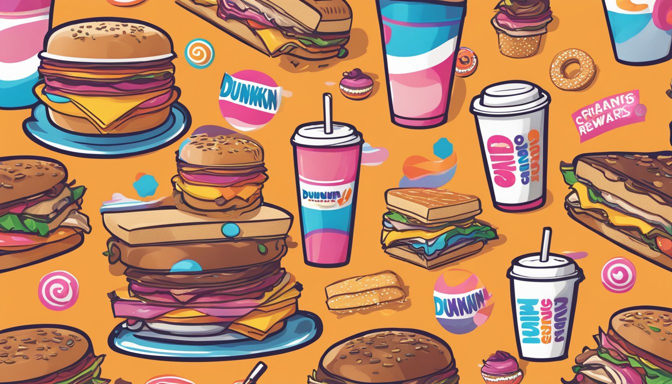 A steaming Dunkin' breakfast sandwich surrounded by colorful Dunkin' Rewards and Promotions logos