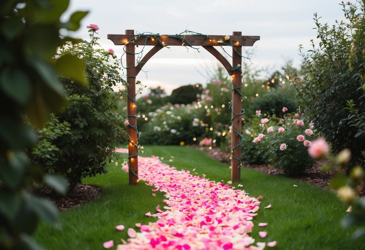 A path of rose petals winding through a garden, leading to a rustic wooden archway adorned with fairy lights