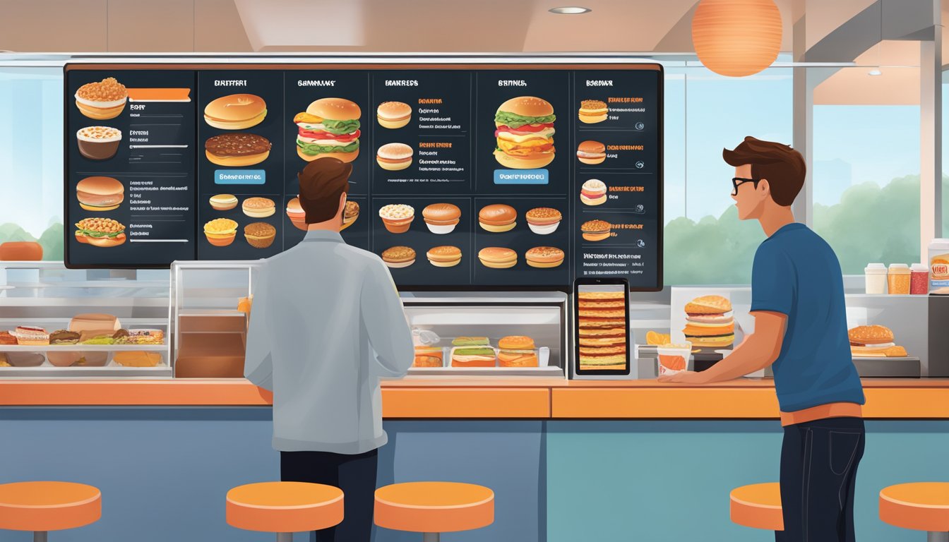 A person at a Dunkin' restaurant counter, choosing from a variety of breakfast sandwich options displayed on a digital menu board