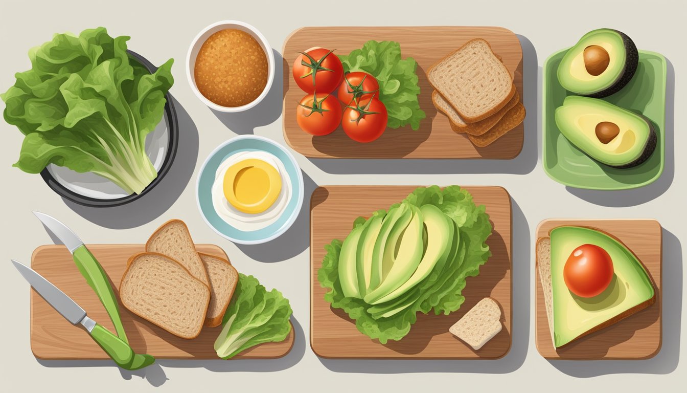 A cutting board with fresh lettuce, tomato, whole grain bread, avocado, and turkey slices