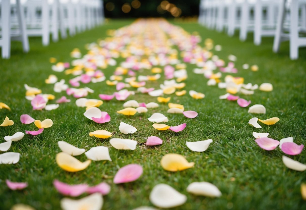 A garden path with flower petals strewn instead of an aisle runner