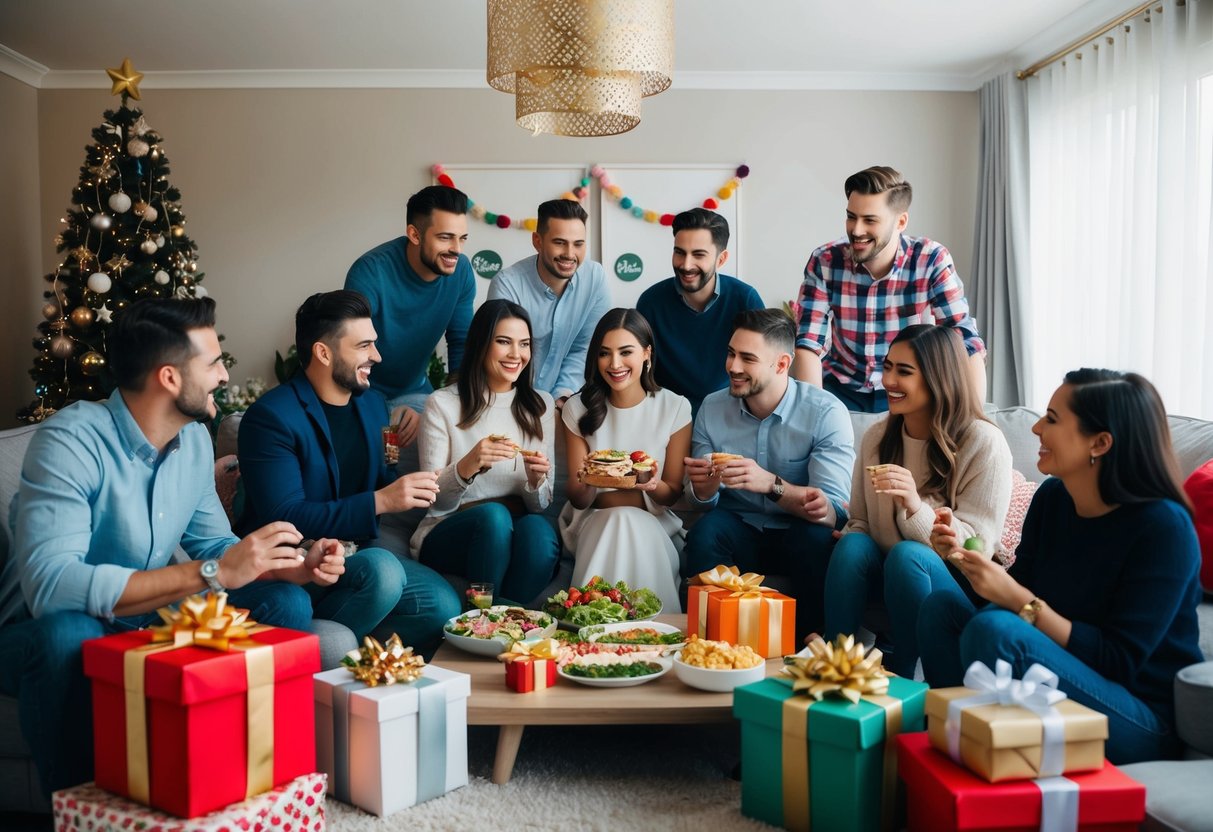A group of friends gather in a decorated living room with gifts and food, celebrating the upcoming wedding of a friend