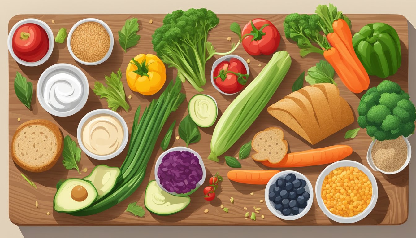 A colorful array of fresh vegetables, whole grain bread, and a variety of spreads arranged on a wooden cutting board