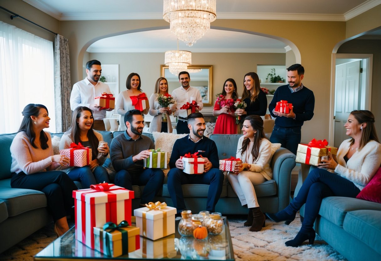 A group of friends gather in a decorated living room, bringing gifts and enjoying refreshments to celebrate the upcoming wedding