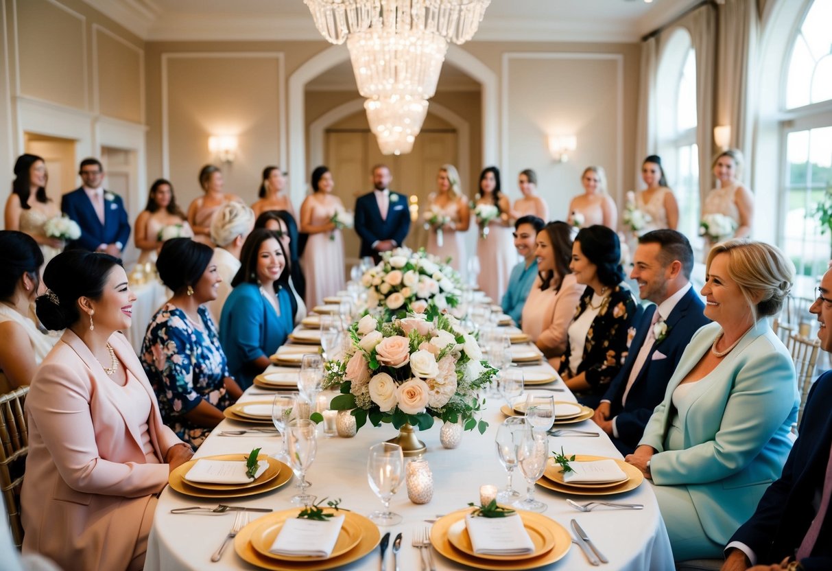 A beautifully decorated venue with elegant table settings and floral arrangements, where a group of people gather to celebrate a wedding shower